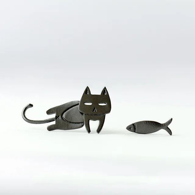 925 Sterling Silver Cat & Fish Stud Earrings