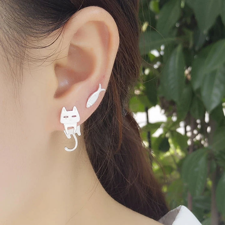 925 Sterling Silver Cat & Fish Stud Earrings