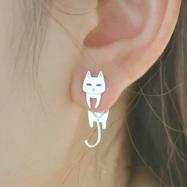 925 Sterling Silver Cat & Fish Stud Earrings