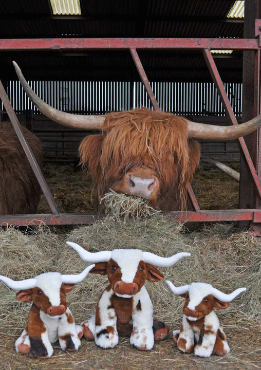 Mini Plush Texas Longhorn Cow – Cream and Brown, 11 cm